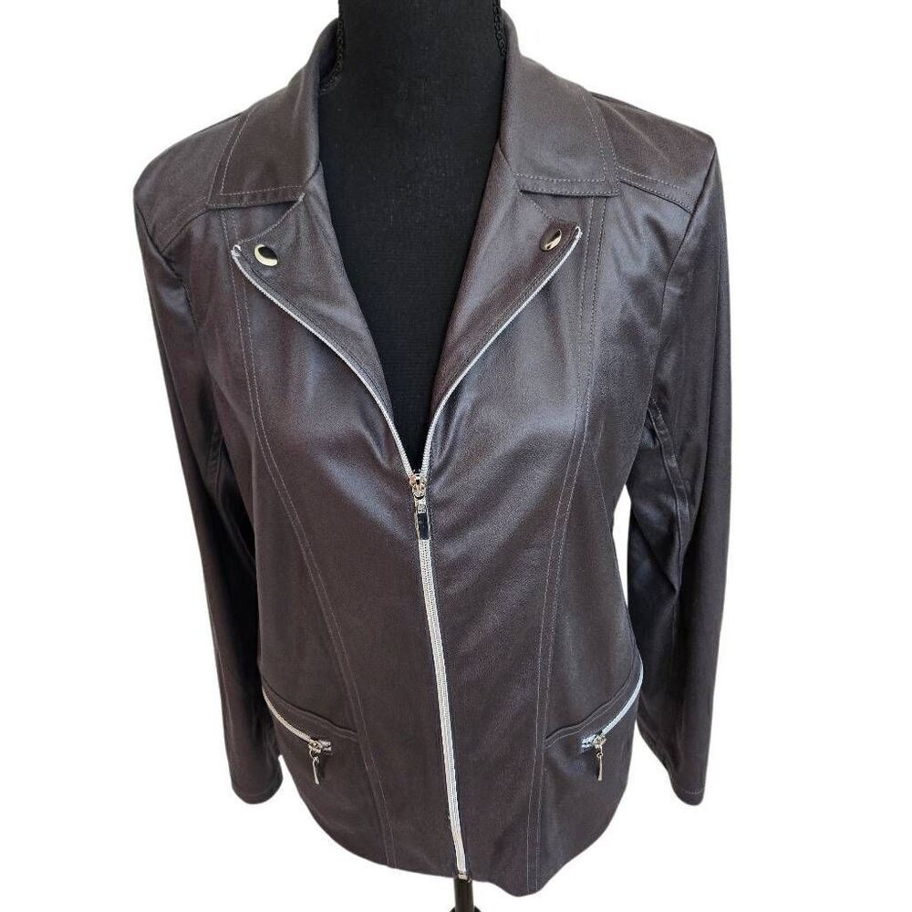 Allison Daley Womens Full Zip Faux Leather Moto Jacket Charcoal Gray Small